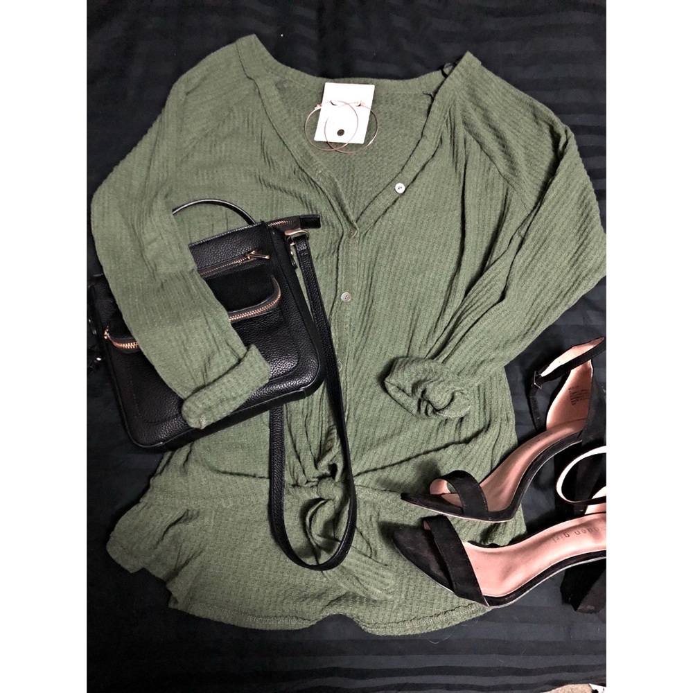 Waffle slouchy button down tie front top